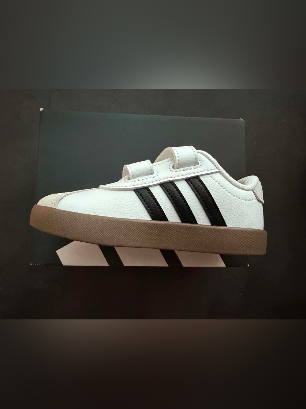 adidas White Kids Sneakers with Black Stripes and Tan Sole